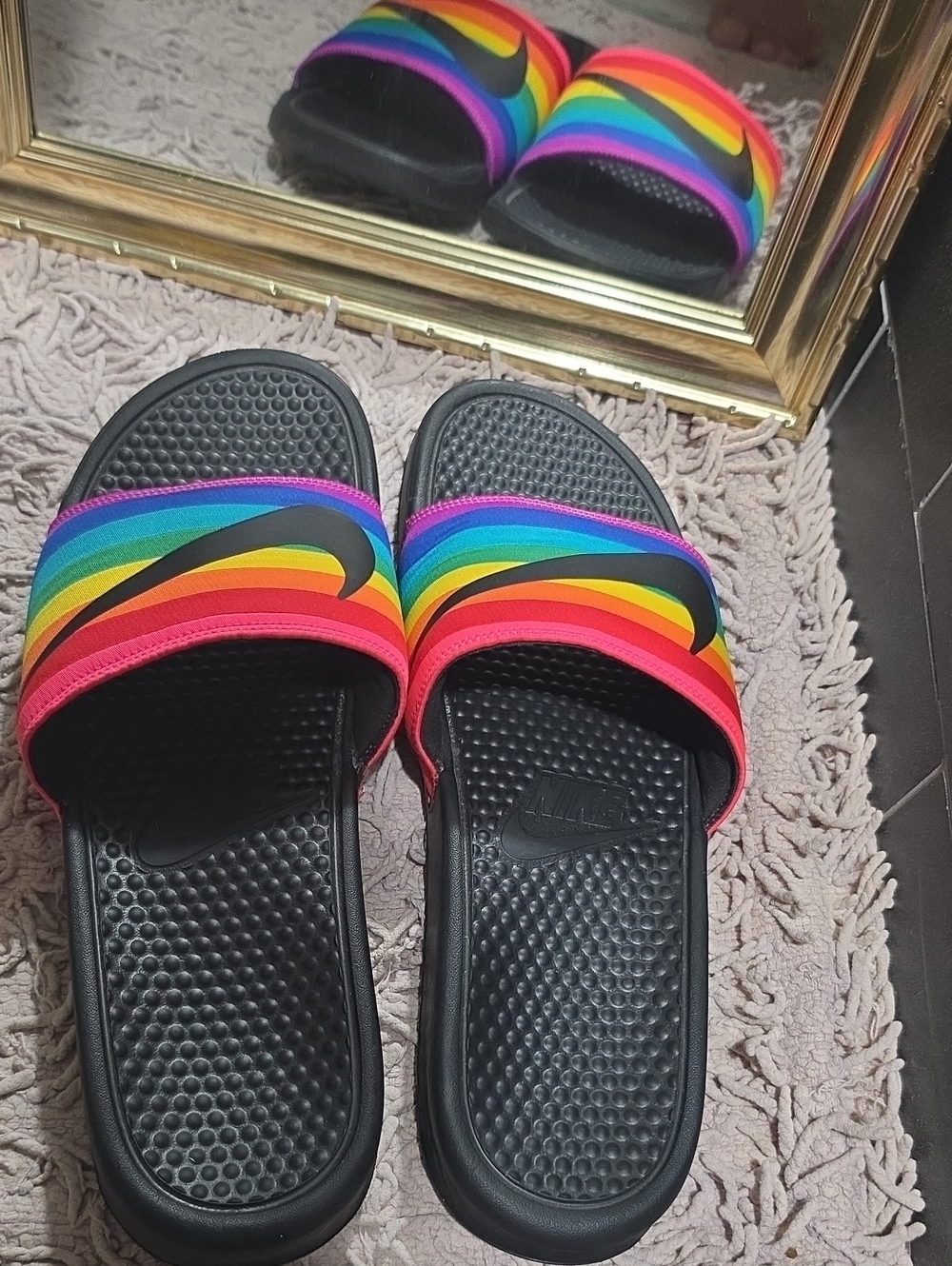 Nike Women's Men's Rainbow Stripe Black Slide Sandals